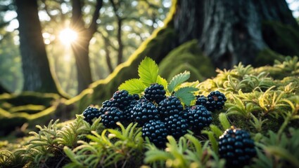 Blackberries Growing Wild in Forest Sunlight