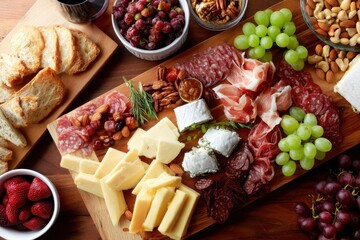 A beautifully arranged charcuterie board with various meats, cheeses, fruits, and nuts, set on a wooden table.