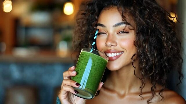 Smiling Woman Enjoying a Healthy Green Smoothie