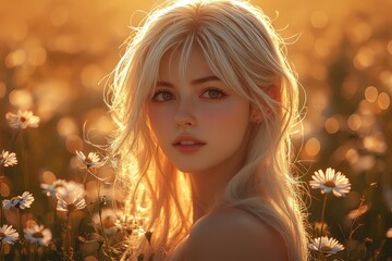 Young woman with blonde hair surrounded by wildflowers during golden hour in a sunlit meadow