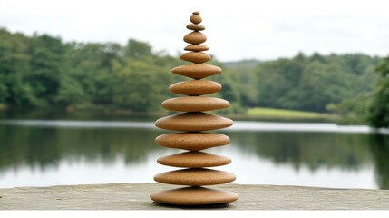 Obraz premium Stacked stones, a zen-like balancing art piece, outdoors