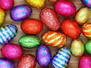 Chocolate easter eggs in colored papers in top view. Easter eggs background.