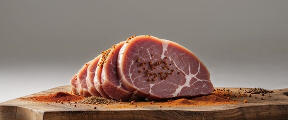 there is a piece of ham on a cutting board with spices