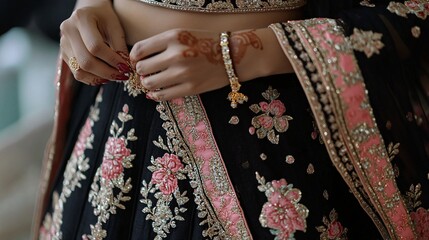 hands adjusting bangles and dupatta over a detailed lehenga choli, highlighting fine fabric textures and traditional design patterns