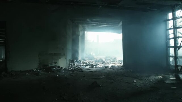 Dollying through derelict industrial building interior with debris and smoke