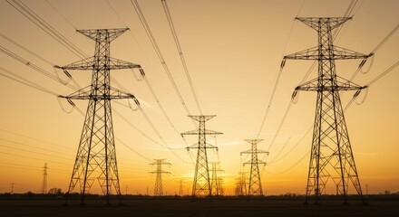 Sunset Power Linescape - Silhouette of high voltage power lines at sunset. Energy transmission infrastructure