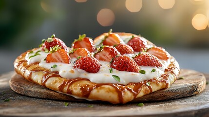 Strawberry pizza with caramel sauce