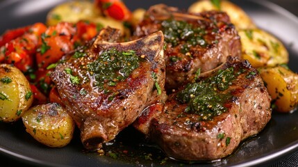 A plate of meat and vegetables with a black background