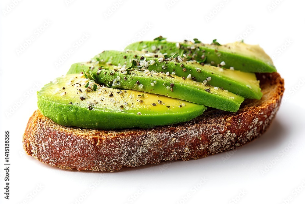Poster delicious avocado toast with aromatic herbs and spices served on rustic bread against a white backgr