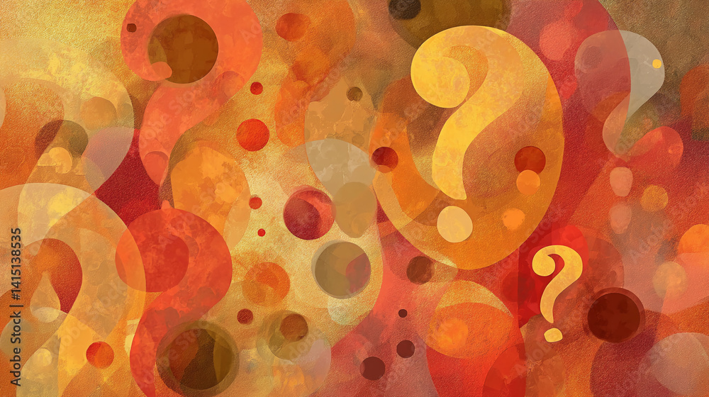 Poster abstract art with orange, red, and yellow question marks on a textured background, symbolizing curio