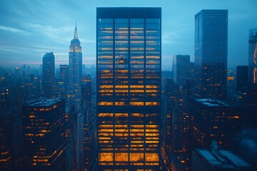 Obraz premium modern high-rise office building at dusk glass reflections warm interior lights against cool blue sky sleek urban aesthetic 