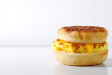 Delicious toasted english muffin breakfast sandwich with egg and cheese on bright white background