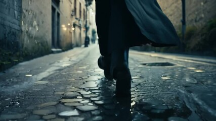 Dramatic low angle view of boots walking on wet cobblestones