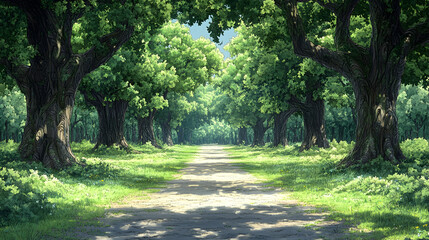 Fototapeta premium Sunlit path stretches through a lush green forest with tall trees lining the way their branches creating a leafy cano
