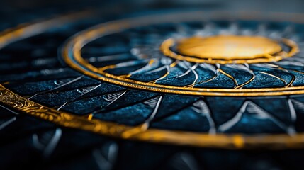A close up of a gold and blue circle with a sun in the center
