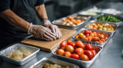 Obraz premium food safety contamination health. Food Prep Scene Professional Chef Dicing with Precision Fresh Tomatoes and Produce Readying Ingredients.