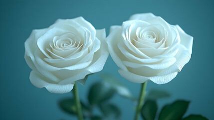 Fototapeta premium Two white roses with delicate petals unfurling against a soft teal backdrop creating a serene and elegant floral portra