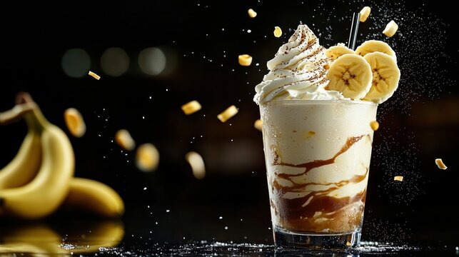 A banana split with whipped cream and banana slices on top of a glass
