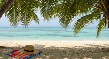 Tropical Beach Getaway: Relaxation Under Palm Trees - Serene beach scene, straw hat, palm trees, summer vacation, relaxation. Symbolizing peace, escape, warmth, tranquility, and rejuvenation