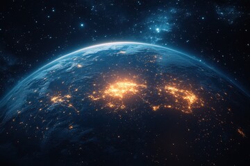 Obraz premium View of Earth from space at night showing cities illuminated by lights and the vastness of the universe in the background