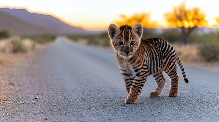 Obraz premium Striped tiger cub on a sunrise road