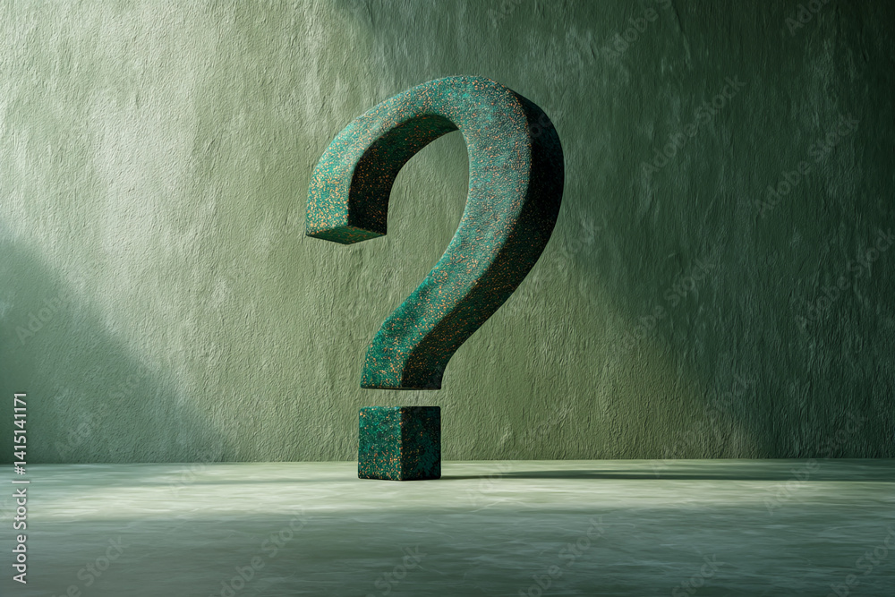 Poster green textured question mark on green textured background, symbolizing inquiry, uncertainty, or the 