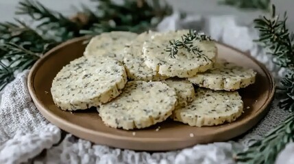 Rosemary butter cookies stacked on a plate
