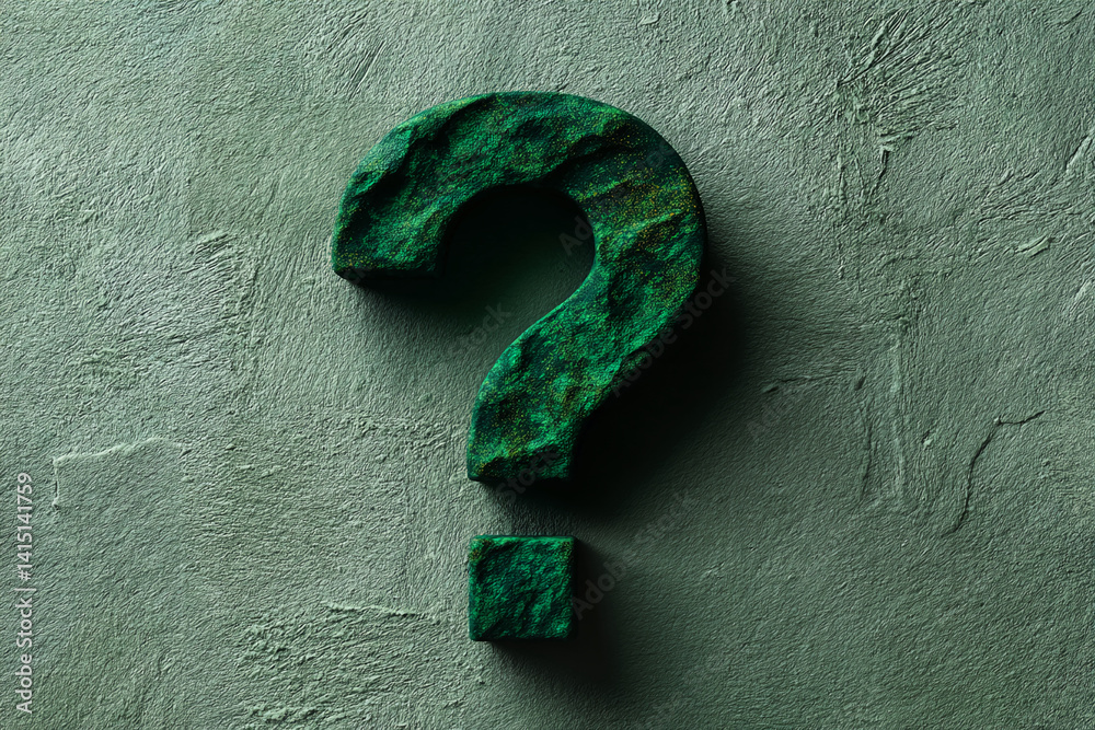 Poster Green textured question mark and square on dark green background, symbolizing inquiry, uncertainty, or problem-solving. Free space for text