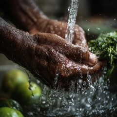 Fototapeta premium food safety contamination health. Hands Washing Fresh Green Vegetables Under Running Water for a Clean and Healthy Meal Prep.