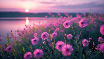 Fototapeta premium Pink Flowers Blooming near Lake at Sunrise