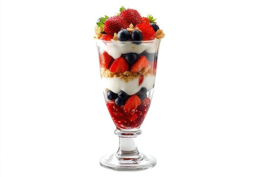Delicious layered parfait with fresh strawberries blueberries yogurt and crispy crumbs in glass cup delightful treat