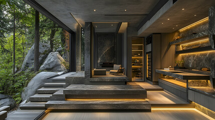 Modern, minimalist, luxury outdoor living space nestled in nature