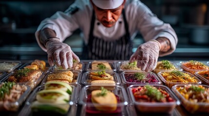 Obraz premium food safety contamination health. Preparation of Food Boxes by a Chef in a Restaurant Professional Catering Process in Modern Cuisine.