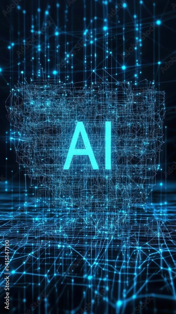 Poster a digital representation of artificial intelligence, featuring the letters 