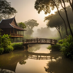 Fototapeta premium Serene Sunrise over Misty Asian Garden with Wooden Bridge and Traditional House