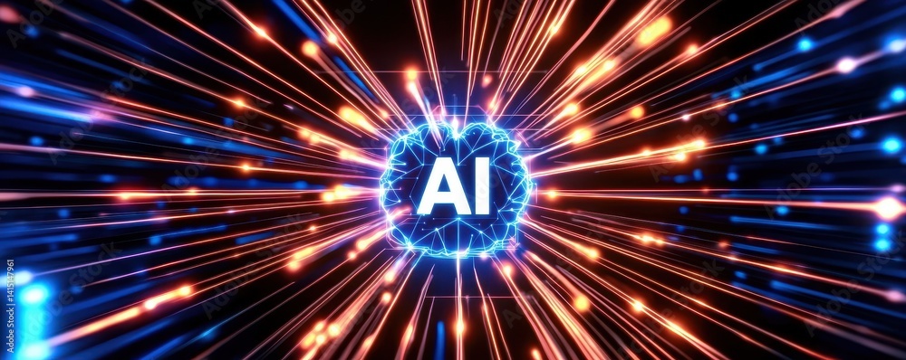 Poster a vibrant abstract representation of artificial intelligence, featuring a glowing neural network wit