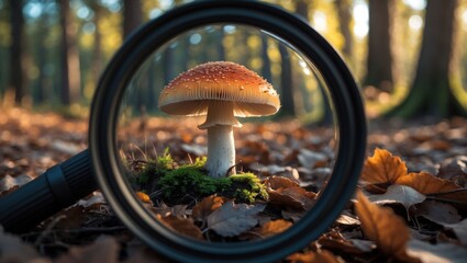 Examining Mushroom Through Magnifying Glass In Forest