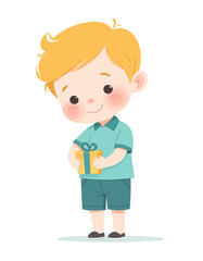 Cartoon boy with blonde hair holding yellow gift box