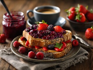 Gourmet Toast with Peanut Butter Strawberry Raspberry Blackberry Jam Breakfast Coffee Still Life