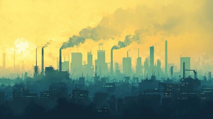 Fototapeta premium An industrial skyline is silhouetted against a bright, hazy sunset. Smoke billows from numerous factory chimneys, creating a dramatic atmosphere in the city