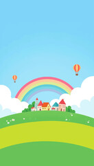 Fototapeta premium Cartoon Village with Rainbow and Hot Air Balloons