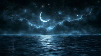 This is an illustration of a night seascape, featuring a crescent moon shining through clouds with starlight. The moon and stars are reflected in the calm water below.