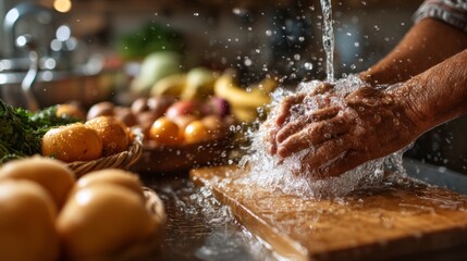 Fototapeta premium food safety contamination health. Washing Hands Over Wooden Board Amidst Fresh Vegetables in Kitchen with Water Flowing Freely.
