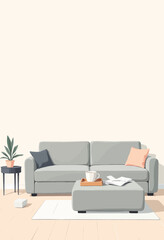 Minimalist Living Room with Gray Sofa and Coffee Cup