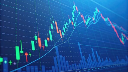Fototapeta premium Close-up of an uptrend candlestick chart on a blue digital screen. Futuristic concept for stock trading, investment, and financial data analysis
