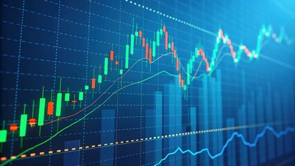 Fototapeta premium Close-up of an uptrend candlestick chart on a blue digital screen. Futuristic concept for stock trading, investment, and financial data analysis