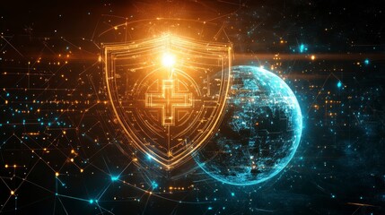 Digital Shield Protection Concept with Earth and Data Network Background