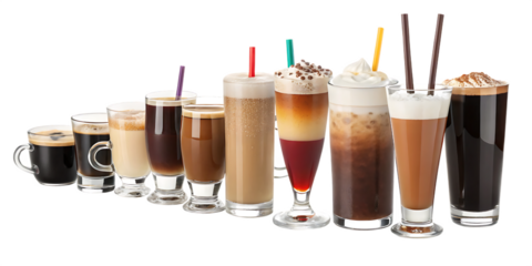 Set with different types of coffee drinks on white background