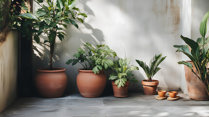 Minimalist patio with terracotta pots and greenery,