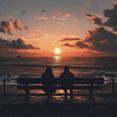 Obraz premium A silhouette of a couple walking hand-in-hand along the beach at sunset, their figures outlined against the vibrant sky—capturing a moment of love, serenity, and timeless connection by the ocean.